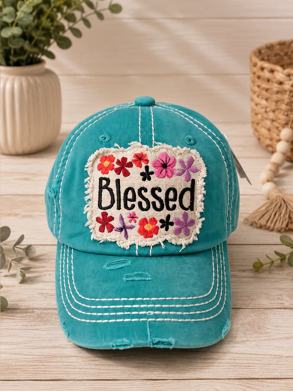Blessed Floral Distressed Turquoise Baseball Cap | Adjustable One Size